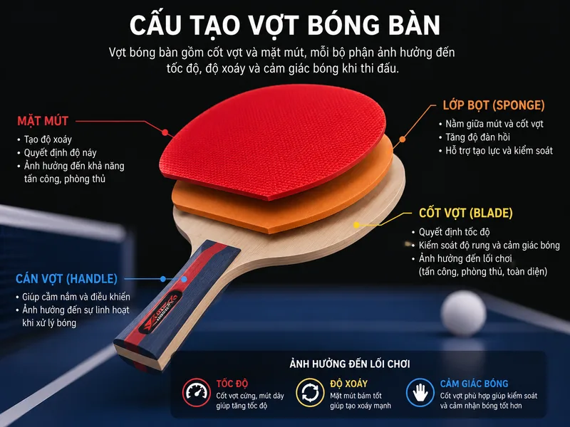 Vợt bóng bàn gồm cốt vợt và mặt mút, mỗi bộ phận ảnh hưởng đến tốc độ, độ xoáy và cảm giác bóng khi thi đấu.